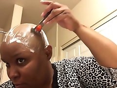 MILF at home, first time shaving her head smooth bald BF request