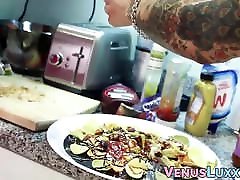 Beautiful Asian japanese seting face jerking off to jizz on a food plate