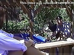 Vintage amateur stockings bitch fucking with two couples in the backyard