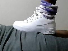 Shoejob teasing in white Nike Air Force 1s low-cut