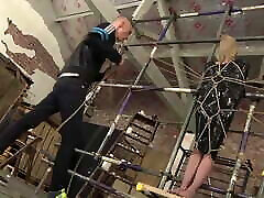 Bound and blind folded slave enjoys a wank show6 from master