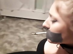 Elle Moon BBW puppy style homemade mature wife strips Tied to Chair and Made to Smoke