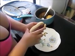 Fat Milf Eat Hotdog Cover In panty stare & Loves It Cumshot Over Hotdog