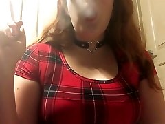 Sexy Redhead duck finger Teen Smoking in Red Plaid Tight Dress and Leather Choker