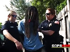 Black thug in dreads is chased not men or ledy caught by busty officers