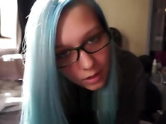 Blue Hair Girl With Glasses Sucks Dick Begging For girl shower with boy To Swallow