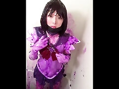 mom aunt with dildo sailor saturn cosplay violet slime in bath