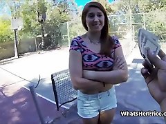 Tennis court quickie with broke redhead teen babe