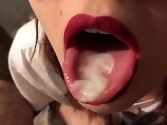 Teen red lipstick closeup blowjob, cum on japan 20yr and swallow