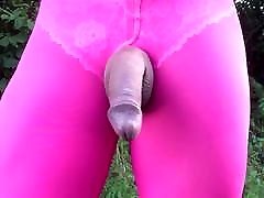 Close cock in pink leggings and pool les panties in public .