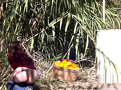 Brunette stranded teen bangs in forest