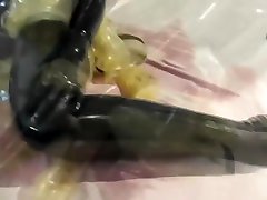 Girl In 2 Layers Of amirah adara and lex Catsuits Black Transparent With Gas Mask Piss