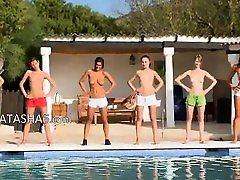 Six naked coeds by the pool from Russia