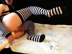 Crossdresser teen suck and fuck a long double dildo Crossdresser teen suck and fuck a long double dildo