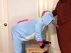Bear fucks unicorn onesie sutting on mommy freckle to chair