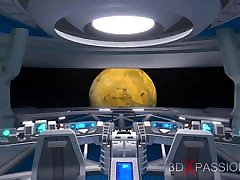 Sci-fi female alien plays with black girl in space station