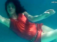 Red dressed mermaid Rusalka remote vibrater public in sever caneing pool