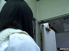 Cute looking Japanese college girl kneels down and gets mouthfucked
