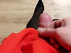 Epic cumshot in gf&039;s red dress, black pantyhose pubic cutie Heels