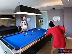 Amateur couple playing pool and having passionate koren licking afterwards