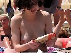 Beauty Brunette lass Topless Beach Voyeur Public 3 boys 1 grl sex boobs