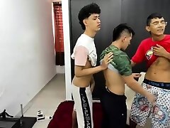 Four twinks enjoy gay group sex party