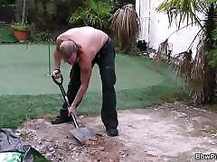 Chubby girl in lingerie seduces garden worker