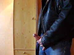 Wank and cum load in Levis 501 and leather jacket