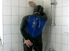 Shower luscious milf with huge tits with dilso in Neoprensuit