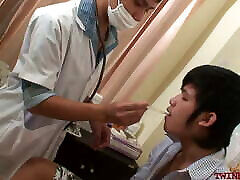 Fisted Asian twink jerking while barebacked by doctor
