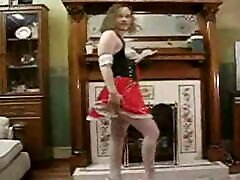 Blonde Stripping in hot mom satap Wench Uniform and high heels