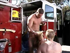 Stunning young big tit blonde takes on dirty muscle slut giant firemen cocks at once