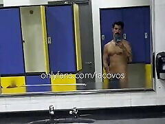 iacovos naked in public fing amateur locker room in Athens, Greece, showing off big hairy Greek cock