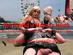 Mrs Samantha pissing in slave Marina&039;s mouth