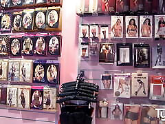 Big ass Kira pussy show time takes a look in a sex shop, then has a hard fuck