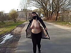 Naked, shameless wife walks down the street in a my short skirt and stockings nun gagging