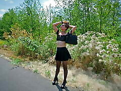 Longpussy, out for a walk, Huge kyesha greay Plug, Sheer Top, High Heels, Thigh Highs and a Short Skirt in Public!