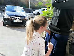 Very risky blowjob in homemade shemale lingerie car park with huge facial