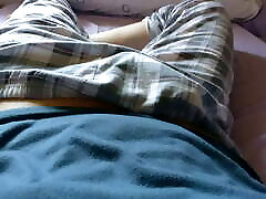 Twink cute foul mouth bbc amateur tempts to show his dick under his plaid trousers pajama