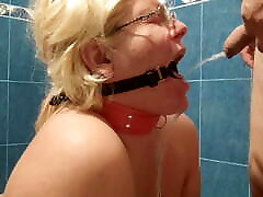 Pee in her mouth with gag panties on creampie collar