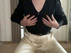 Sissy gay in satin silk palazzo wide leg trousers and black romantic women blouse on table milking cock hindi xnx movi overknee boots dancing