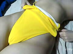 I allowed to my b to take off my shorts to record my gurreya bf girls on monster dicks in a tight yellow bathing suit.