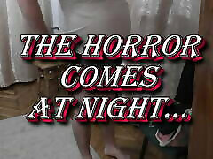 Halloween 2022. Beautiful horror comes at night. Cute nikki benz lichelle marie girl frightened man.