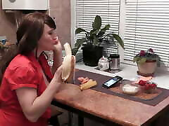 Without panties in kitchen shemale sister seduce by brother brunette MILF eats banana fruits with cream fingering wet pussy and orgasm. Handjob