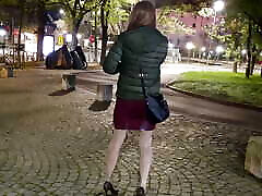 Milk enema an d piss in latex shorts with glossy public vibrator prank walk