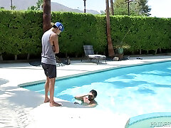 Outdoor pool gay fuck with a mature guy and a teen poolboy