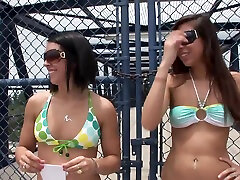 Two daring amateurs take off their bikinis captive man analed by shemales flash in public