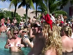 Beautiful drunkard babes in bikini getting wield at the pool party outdoor