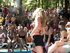 Gorgeous cowgirls with hot asses in miniskirts and shorts thrilled as they get splashed with water outdoor