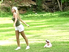 Cute blonde mom and girl camshow Angel shows her pussy and tits in the garden